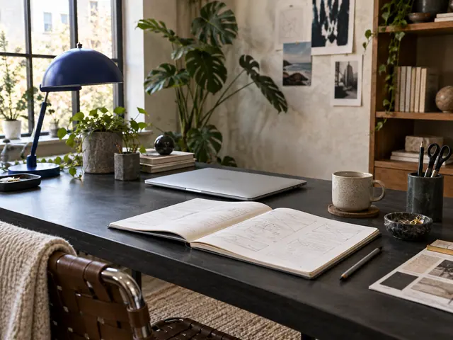 Design study: a workspace with wireframe sketches and a blue desk lamp