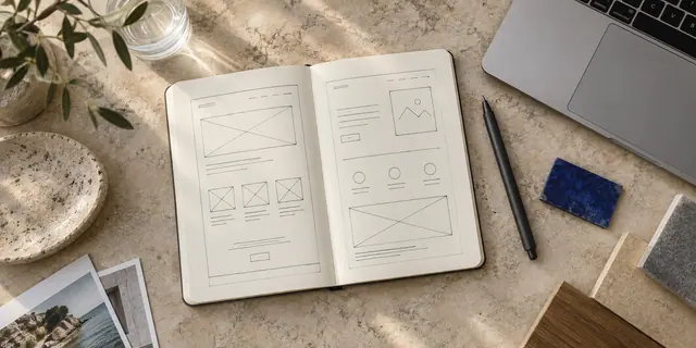 Website planning sketches, a pen and a blue material swatch